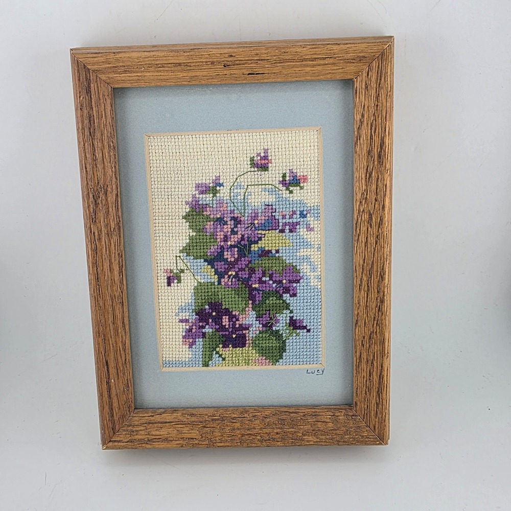 Vintage Framed Needlepoint Art Purple Violets Floral Signed  Handmade